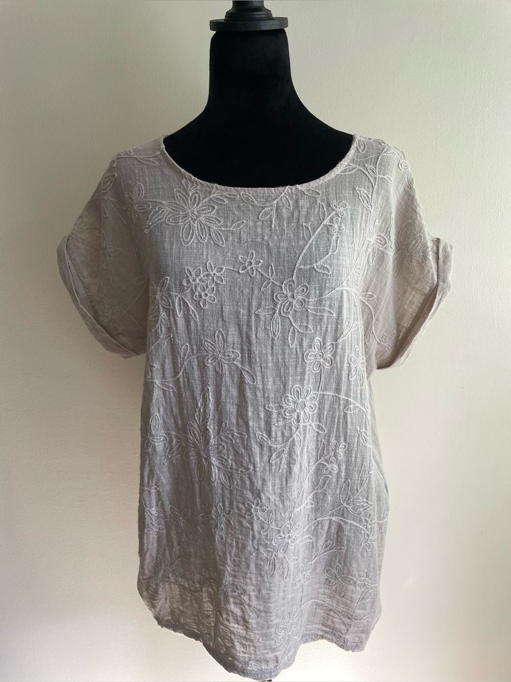 Made in Italy Cotton Linen Embroidered Floral Blouse Beige Relaxed Fit L